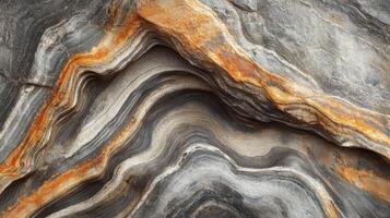 Abstract Stone Formation with Wavy, Layered Patterns in Shades of Gray, Black, and Orange photo