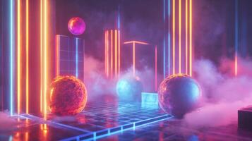 Neon Lights, Smoke, and Spheres in a Futuristic Setting photo
