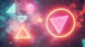 Glowing Neon Triangles and Circles in a Dusty Space Background photo
