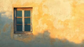 A single window in a yellow wall with shadows. photo