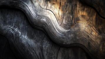 Close-up of a weathered and gnarled wooden surface with intricate grain patterns and a warm, golden light. photo