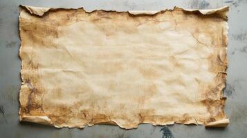 Aged and Wrinkled Parchment Paper with Torn Edges on a Gray Background photo
