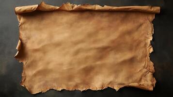 Unfurled Parchment with Torn Edges on Dark Background photo