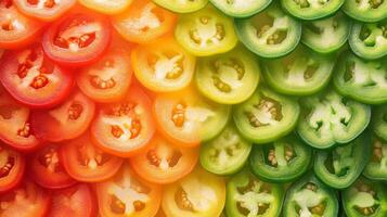 Red, Orange, and Green Pepper Slices in Gradient Pattern photo