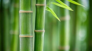 Close-up of Two Green Bamboo Stalks with a Single Leaf photo
