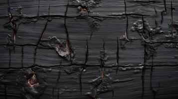Close-up of a charred wooden surface with deep cracks and burnt edges photo