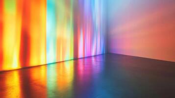 Abstract Light Projection on a White Wall with Reflected Colors on a Dark Floor photo