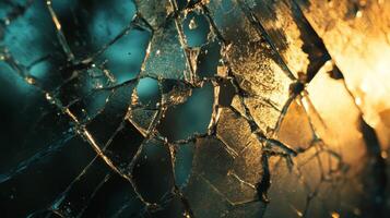Close-up of a shattered glass windowpane with golden light reflecting off the shards. photo