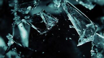 Close-up of shattered glass shards against a dark background. photo