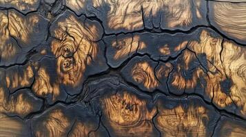 Burned and Cracked Wooden Surface with Intricate Grain Patterns photo