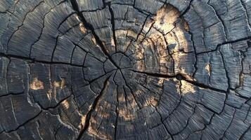 Close-up of a charred tree trunk with visible growth rings and cracks photo