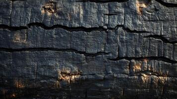 Close-up of charred wood with cracks and texture photo