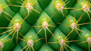 Close-up of a cactus with sharp yellow spines and green skin. photo