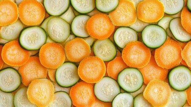 Sliced Carrots and Cucumbers Arranged in a Pattern photo