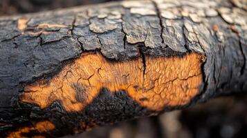 Close-up of a Burned Tree Trunk Showing Charred and Intact Wood photo