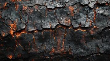 Close-up of charred and cracked tree bark with glowing embers photo