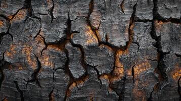 Burned Tree Bark with Deep Cracks and Orange Hues photo