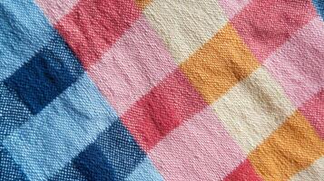 Close-up of a Multicolored Woven Fabric with a Checkered Pattern photo