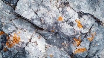 Close-up of a Cracked Grey Rock with Orange Lichen photo