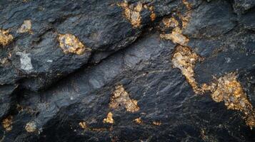 Close-up of a Black Rock with Embedded Crystals photo