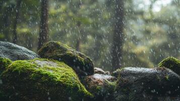 Mossy Rocks and Rain in a Verdant Forest photo