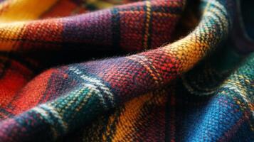 Close-up of a Multi-Colored Plaid Fabric with a Soft, Fuzzy Texture photo