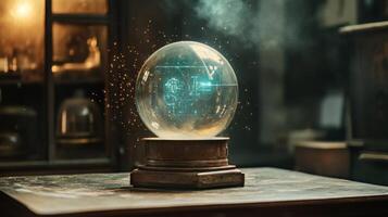 A Crystal Ball with a Glowing Digital Pattern in a Mysterious Setting photo