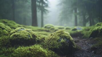 Moss-Covered Rocks in a Misty Forest During Rain photo