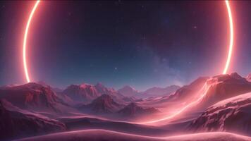 A mysterious planet with a glowing ring dominates a rugged mountain landscape under a starry sky. video