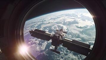 Space Station Orbiting Earth, A breathtaking view of a space station orbiting Earth, with its solar panels gleaming against the backdrop of our blue planet video