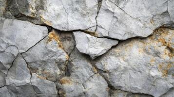 Cracked and Weathered Grey Rock Surface with Yellow Mineral Deposits photo