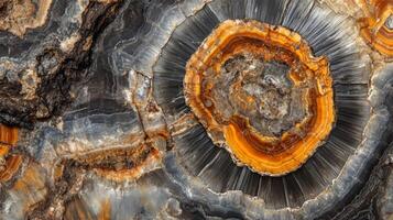 Close-up of a colorful, layered, circular agate rock formation photo
