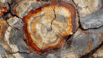 A close-up of a petrified wood cross-section with a large crack running through the center photo