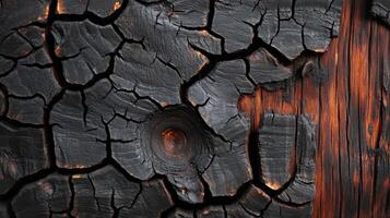 Burned and Cracked Wooden Surface with Visible Knot photo