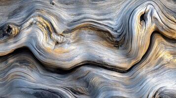 Close-up of the intricate grain patterns and knots of weathered driftwood. photo