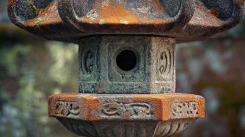 Weathered Stone Lantern with Intricate Carvings and a Circular Hole photo