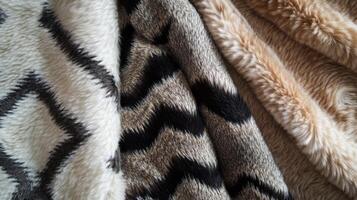 Close-up of Three Furry Fabrics with Zigzag Patterns photo