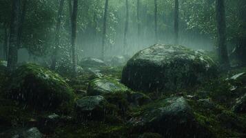 Rain-Soaked Forest Floor with Mossy Rocks photo