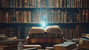 A Stack of Old Books with a Magic Spell Emitted from One of Them photo