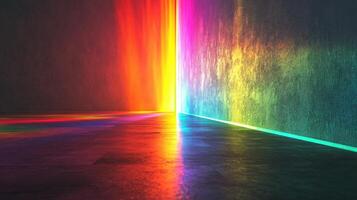 Neon Rainbow Light Illuminating Corner of Empty Room photo