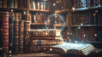 An Open Book with Magical Glow in a Library Setting photo