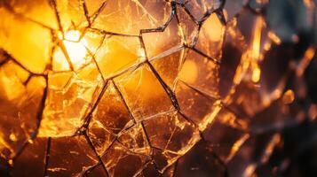 A Close-Up View of Shattered Glass with a Golden Sunset Background photo