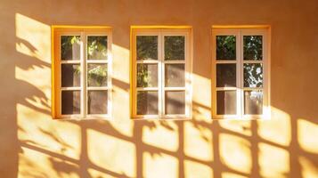Three Windows with a View and Sunlit Shadows on a Tan Wall photo
