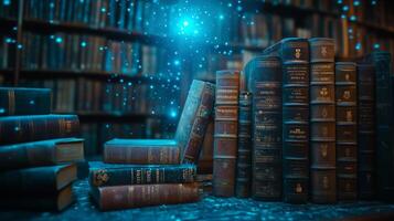 Antique Books with Glowing Dust Particles in a Library photo