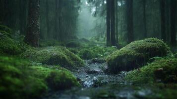 A Lush, Moss-Covered Forest Floor Bathed in Rain photo