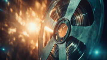 Close-up of a Vintage Film Reel with Blurred Lights in the Background photo