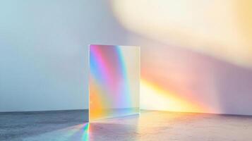 A Single Sheet of Iridescent Glass Casting Rainbow Reflections on a White Surface photo