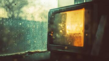 Glowing Window with a Blurry View Through a Dirty Window Pane photo