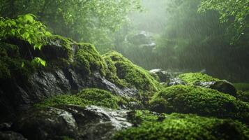 Mossy Rocks in a Rain-Drenched Forest photo