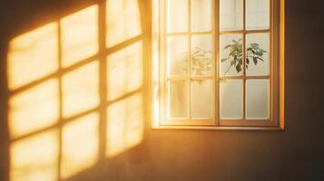 Sunlight Streaming Through a Window Casting a Grid Pattern Shadow on a Wall photo